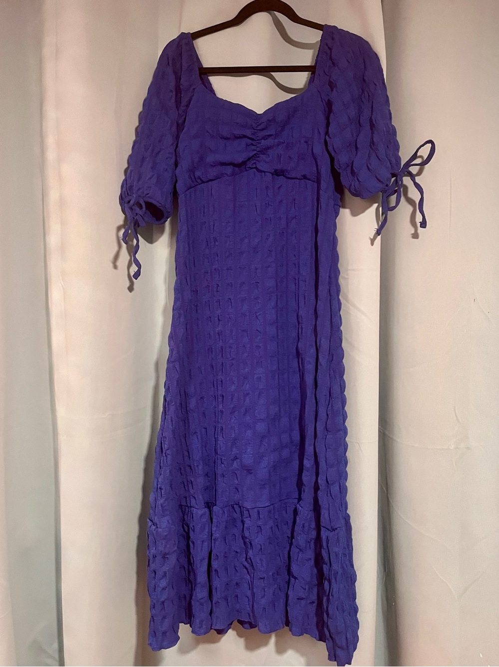 Royal Blue Puff-Sleeve Smocked Midi Dress - textured jacquard fabric -M/L